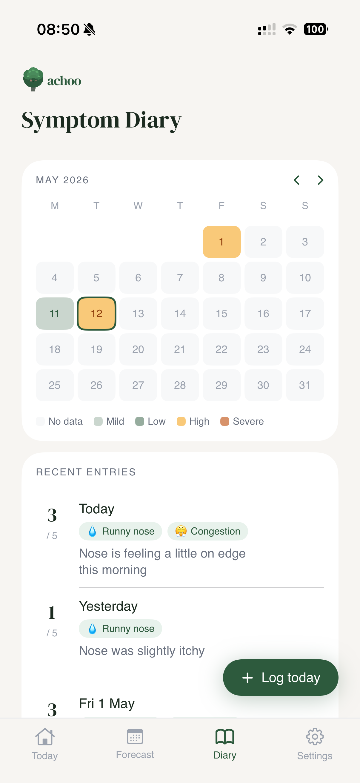 Achoo Symptom Diary — May 2026 calendar heatmap with no-data, mild, low, high and severe legend, plus recent entries including 'Today 3/5 — Runny nose, Congestion'
