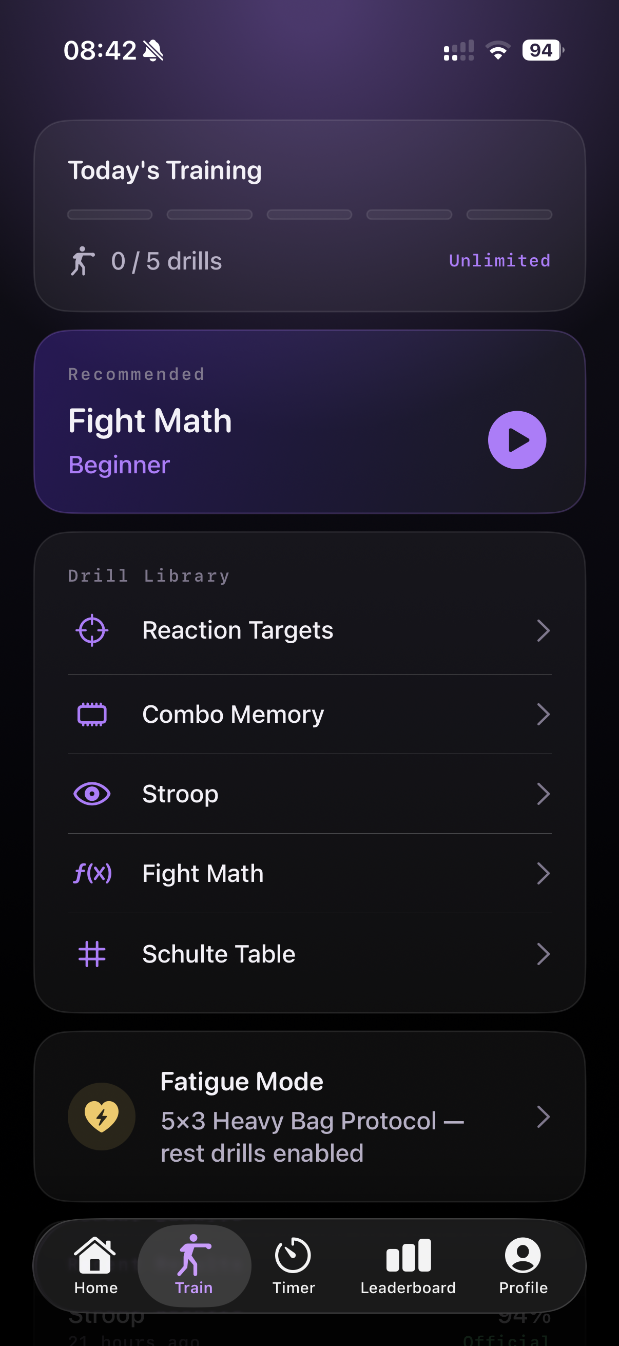 FightIQ Guided Training — Today's Training 0 of 5 drills, recommended Fight Math (Beginner), Drill Library with Reaction Targets, Combo Memory, Stroop, Fight Math and Schulte Table, plus a 5×3 Heavy Bag Fatigue Mode protocol