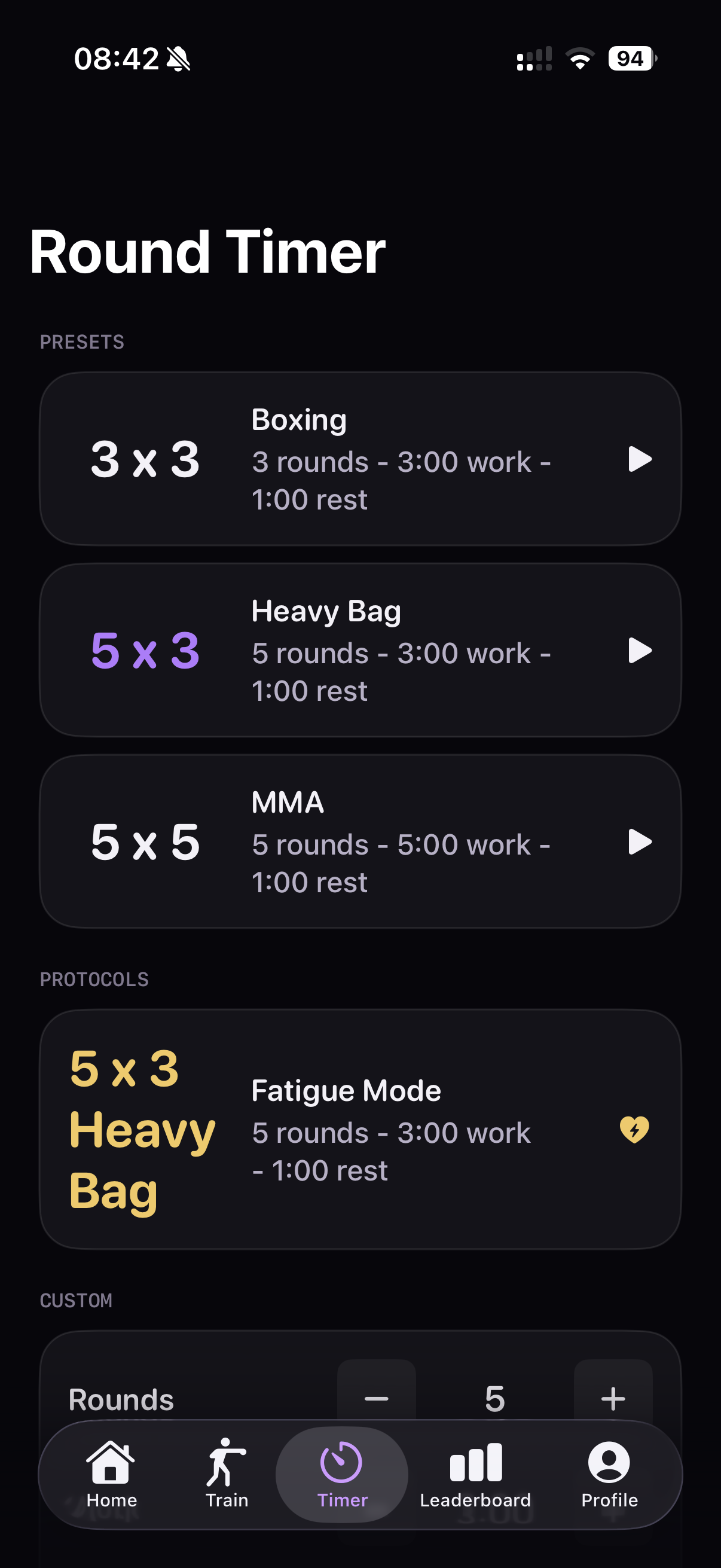 FightIQ Round Timer — presets for Boxing 3×3, Heavy Bag 5×3 and MMA 5×5, plus the 5×3 Heavy Bag Fatigue Mode protocol and custom round controls